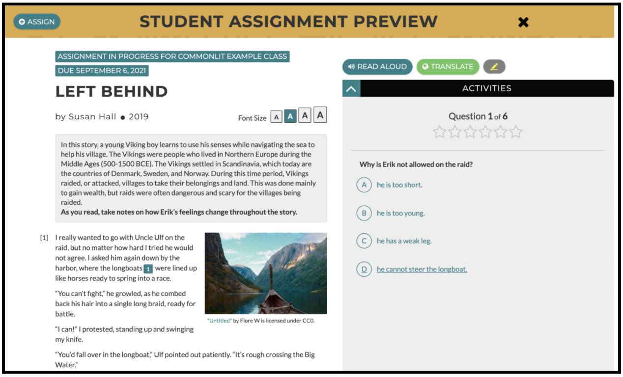 The Student Preview for the lesson "Left Behind," which shows the first Guided Reading Mode question on the right. 