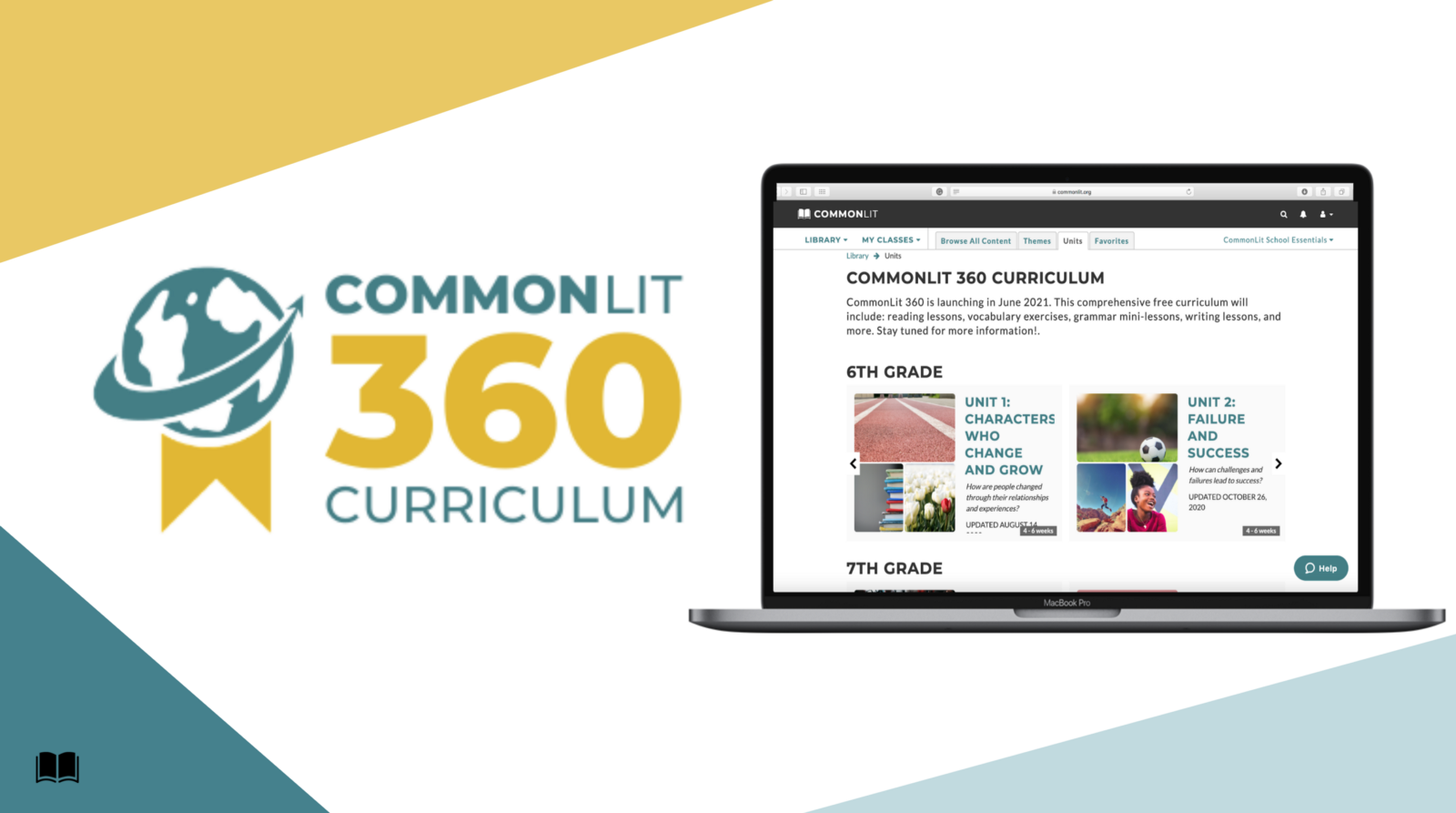 The yellow and teal CommonLit 360 logo, next to a visual of CommonLit.org opened to the 360 Curriculum page.