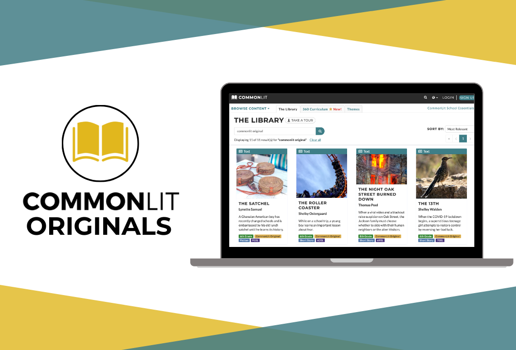 A yellow and teal graphic that says "CommonLit Originals" and a computer screen with several CommonLit Original texts.