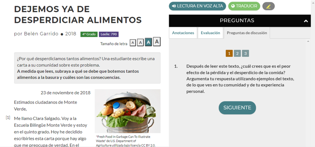Imagen del texto "Dejemos ya de desperdiciar alimentos" y del panel de Preguntas de discusión en la plataforma CommonLit.