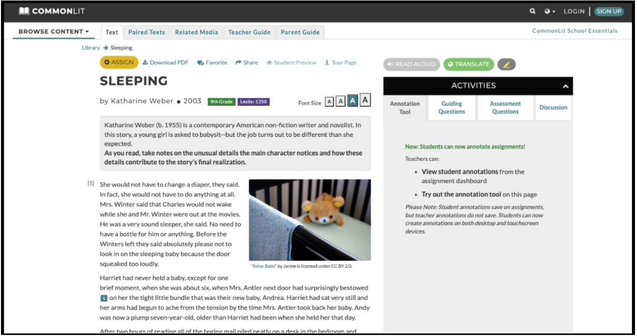 CommonLit text "Sleeping" with Annotation Tool highlighted