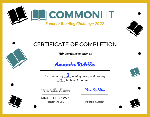 Summer Reading Challenge certificate of completion