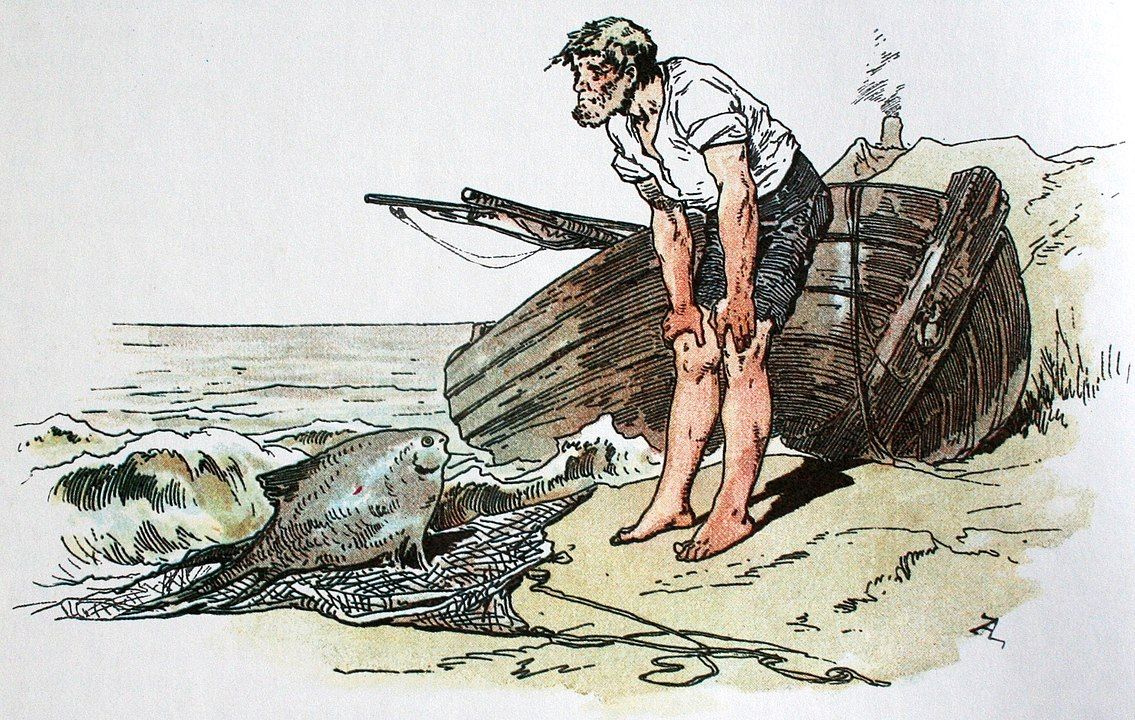 Ilustración de un hombre junto a su bote a la orilla del mar. Frente a él se observa un pez sobre una red. El pez parece mirar y hablar con el hombre.