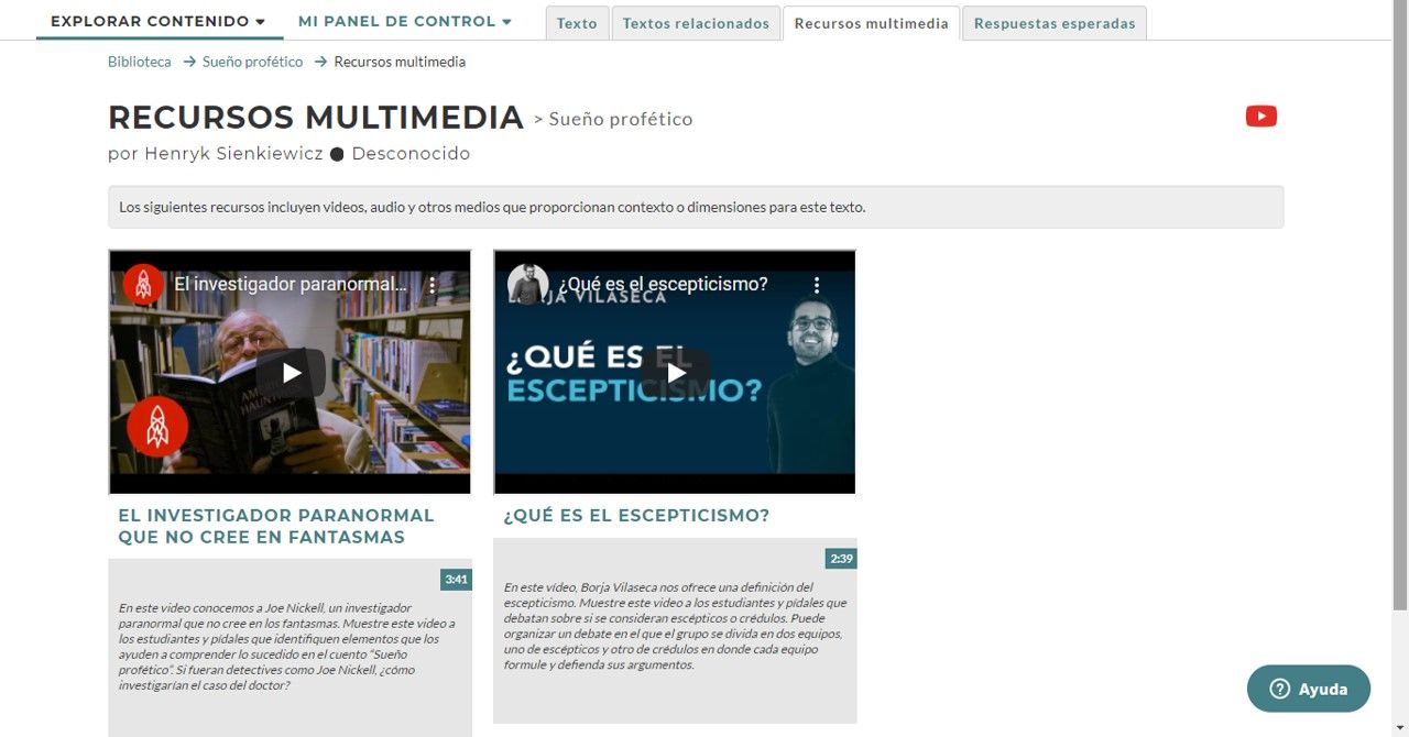 Imagen de la sección "Recursos multimedia" correspondiente al texto "Sueño profético" disponible en la plataforma CommonLit.