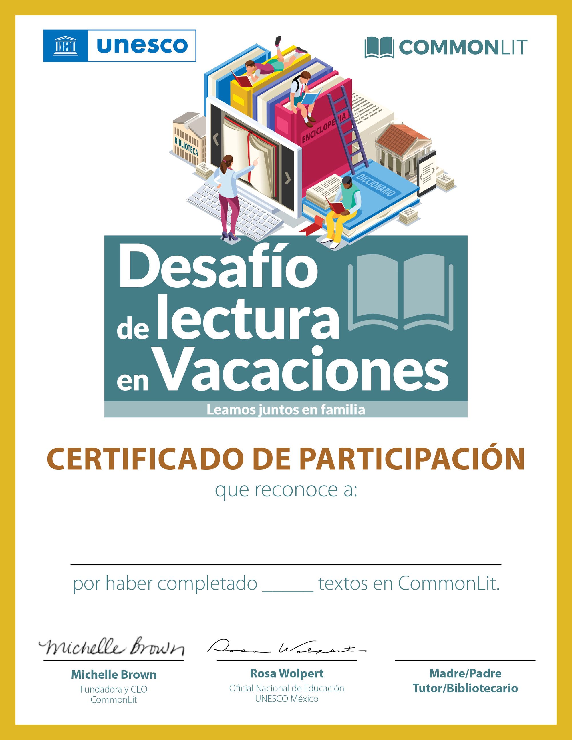 Imagen del certificado que otorgan CommonLit y UNESCO por participar en el Desafío de Lectura en Vacaciones. 