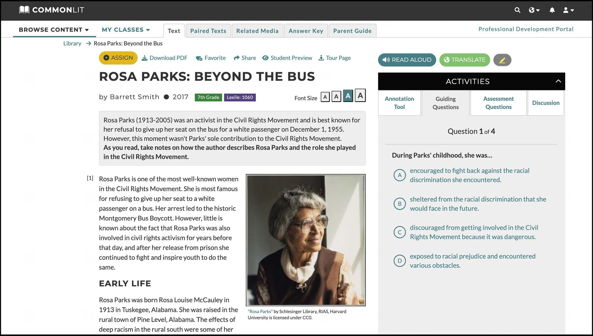 The CommonLit lesson "Rosa Parks: Beyond the Bus."
