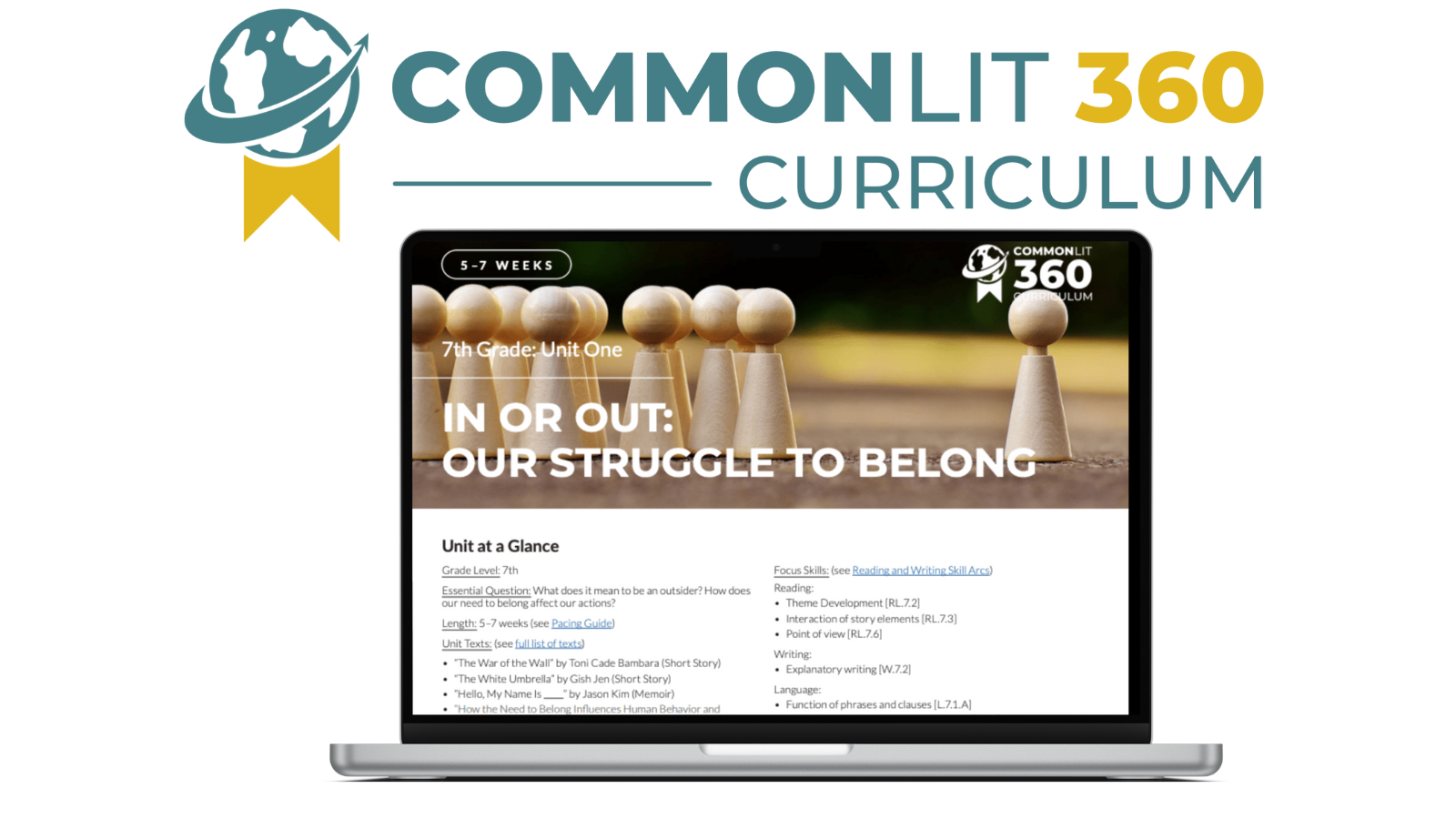 A computer with the 7th grade unit 1 guide on the screen and the CommonLit 360 curriculum logo above it.
