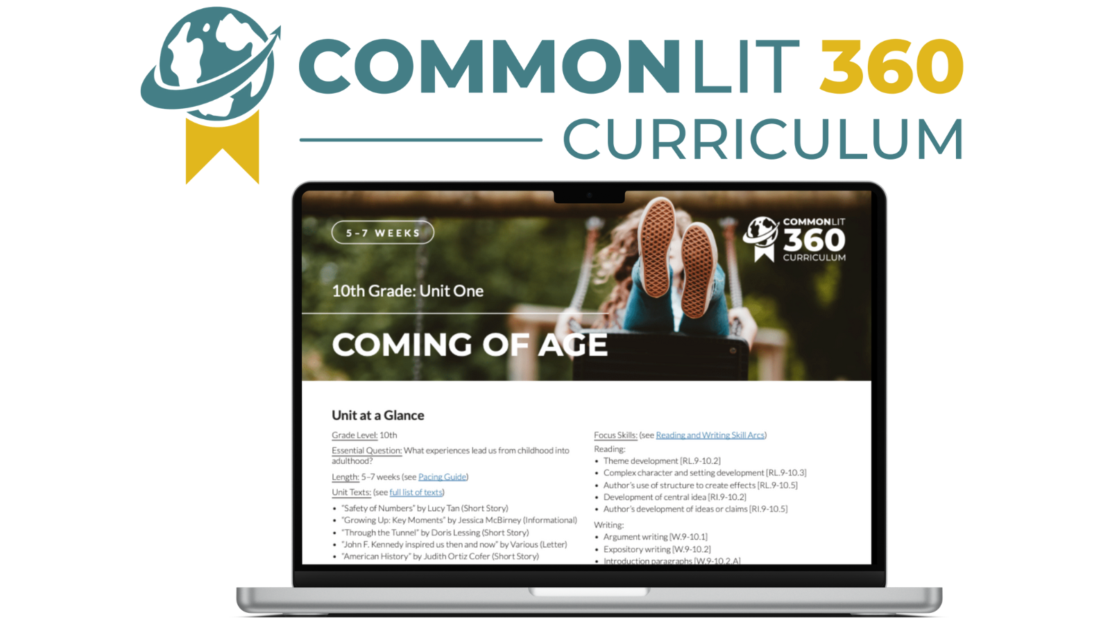 A screenshot of the 10th Grade Unit One Unit Guide on a laptop underneath a CommonLit 360 Curriculum logo.
