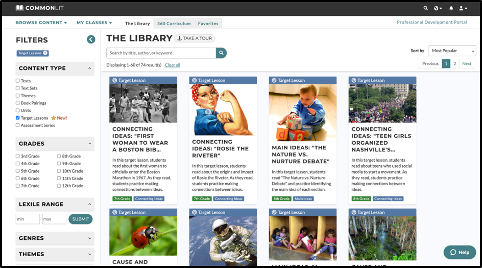 Screenshot of CommonLit's digital library
