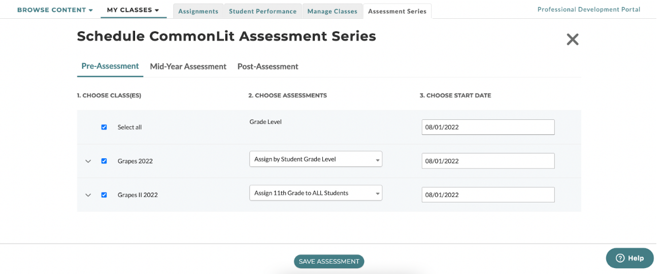 screenshot of CommonLit's assessment series