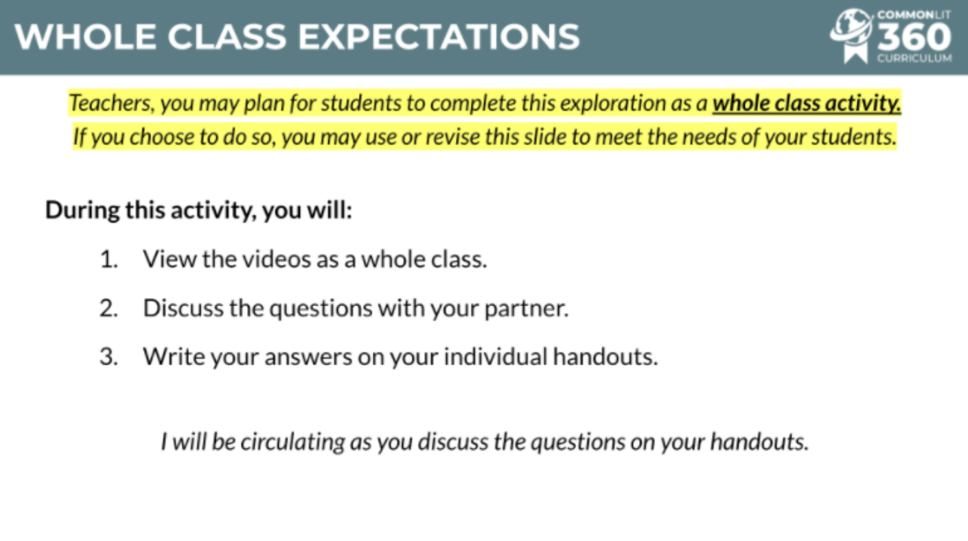 Screenshot of Class Expectations and Outline of a Whole Class activity