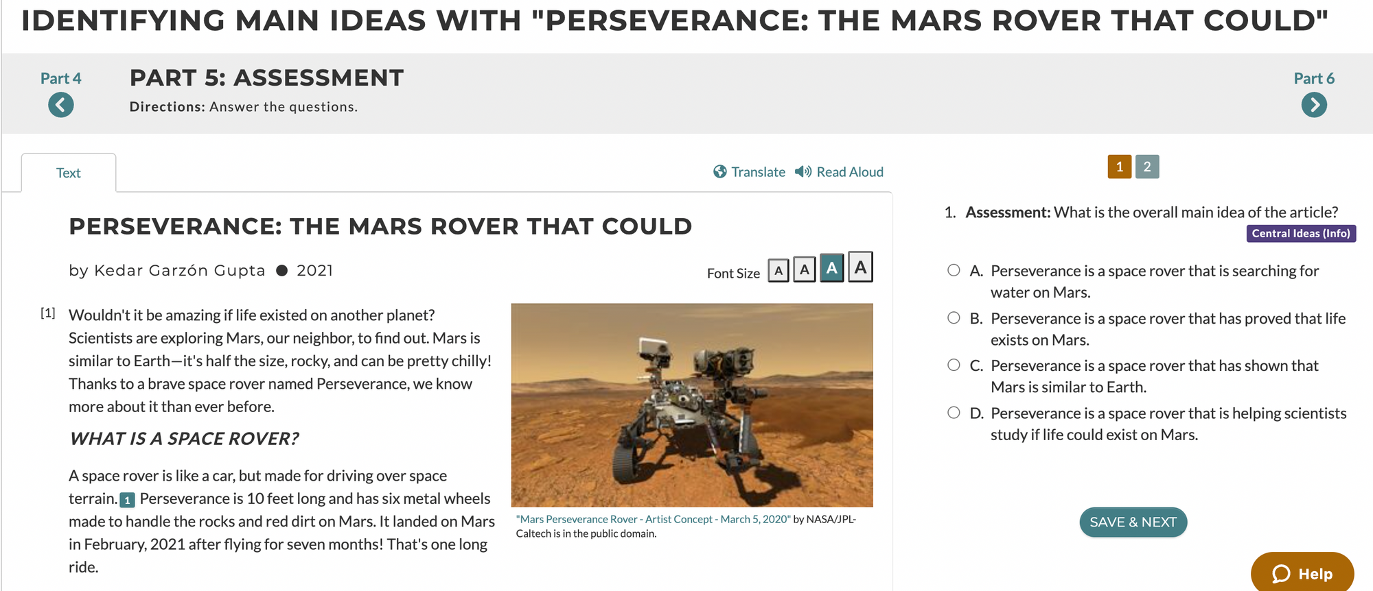 This screenshot shows the Assessment element of the Target Lesson for "Perseverance: The Mars Rover That Could," including the beginning of the text, and the Assessment multiple choice question.