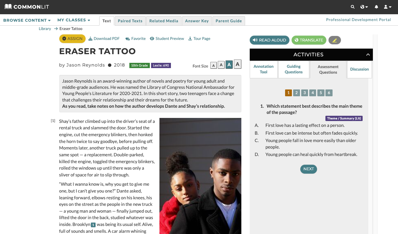 A screenshot of the "Eraser Tattoo" text on CommonLit.org.