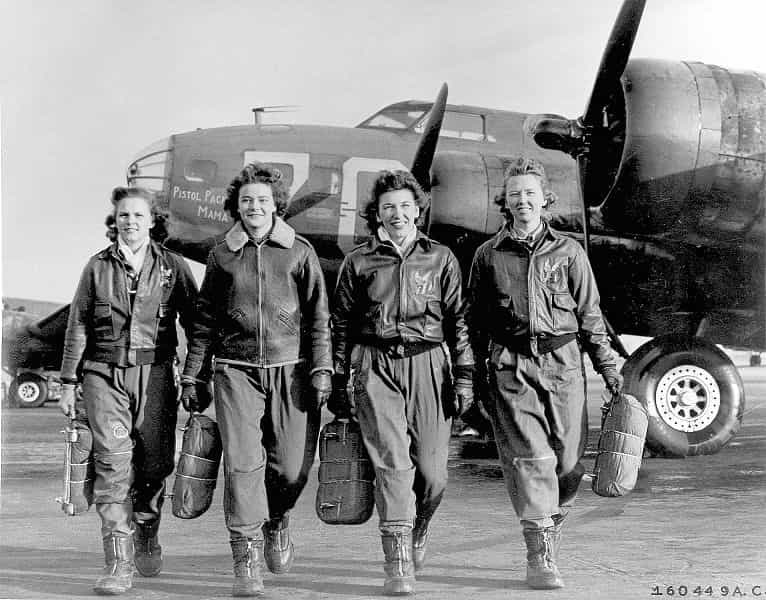 Black and white photo of group of women pilots during WWII.