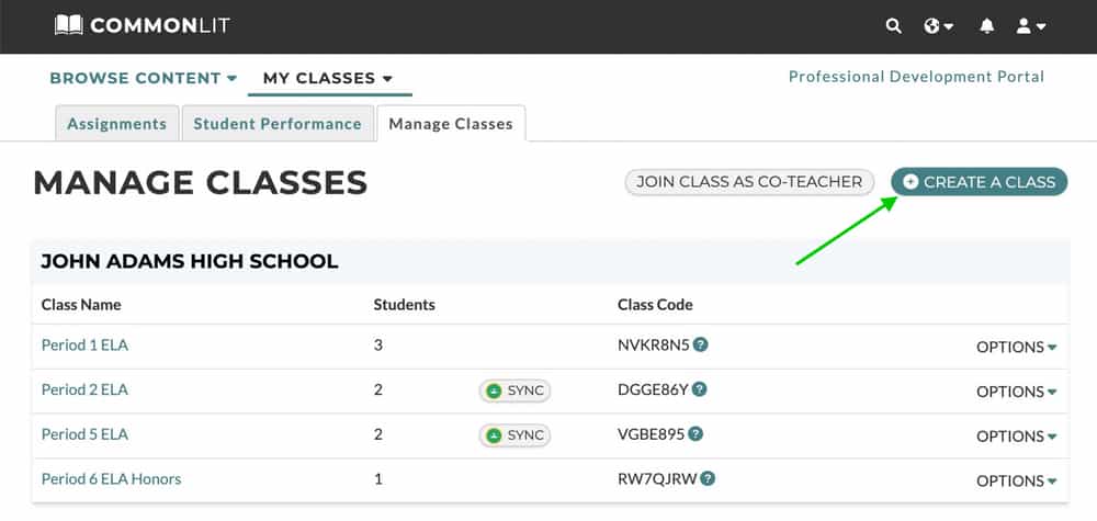 The Manage Classes tab in a teacher's account on CommonLit.org.