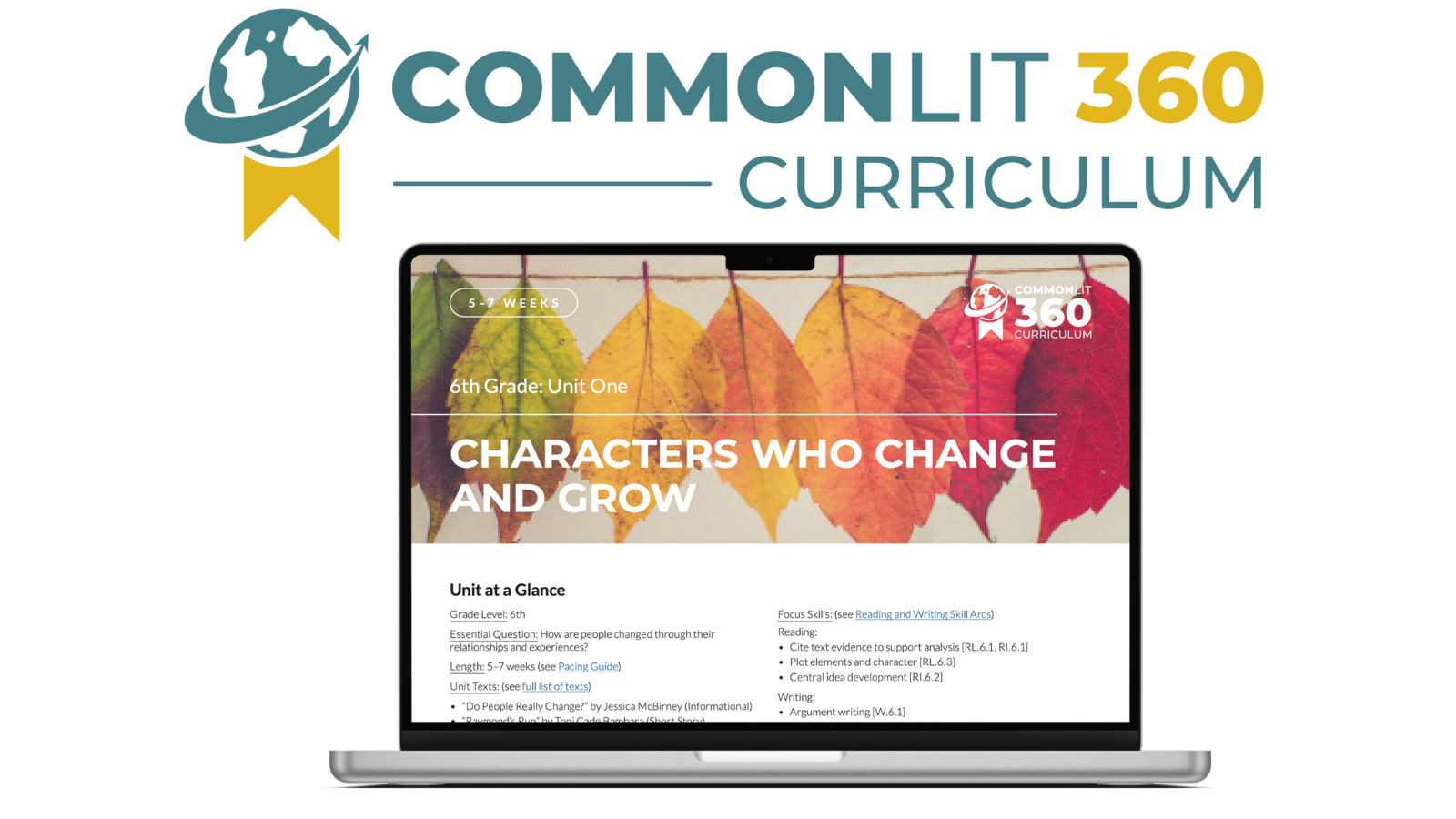 A photo of the Grade 6 Unit 1 Unit Guide on a laptop beneath the CommonLit 360 logo. 