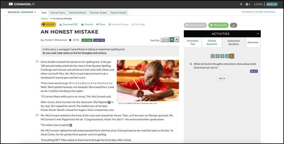 A screenshot of the CommonLit text "An Honest Mistake"