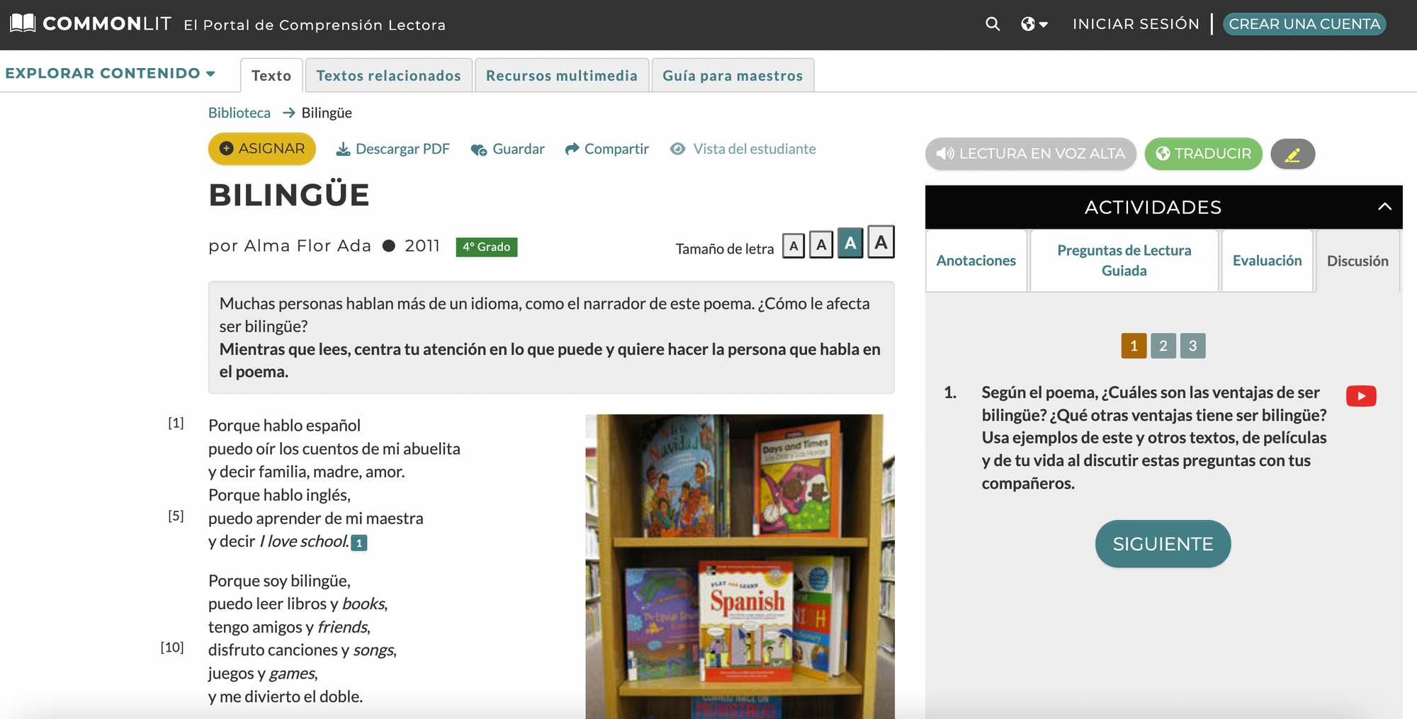 Imagen del texto Bilingue en la plataforma CommonLit.