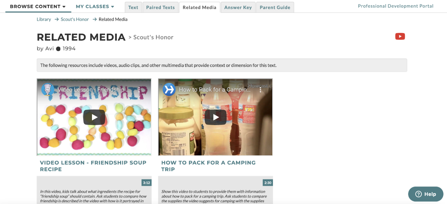Screenshot of Related Media for the CommonLit text "Scout's Honor"