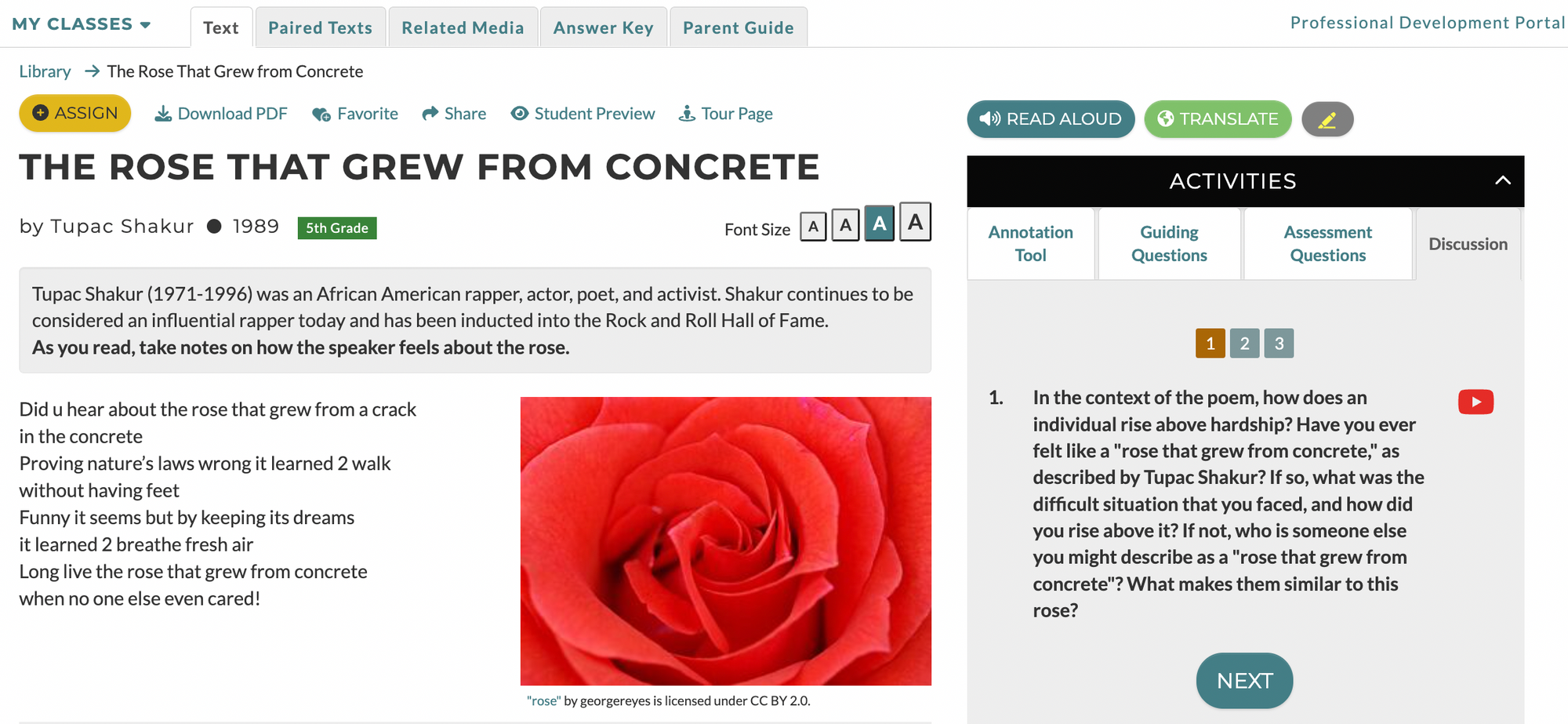 Screenshot of Discussion Question 1 for CommonLit text "The Rose that Grew from Concrete"