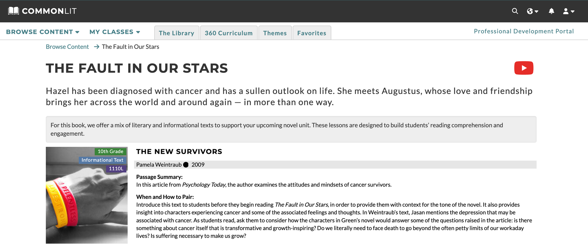 A screenshot of the top of the Book Pairings page for "The Fault in Our Stars" 
