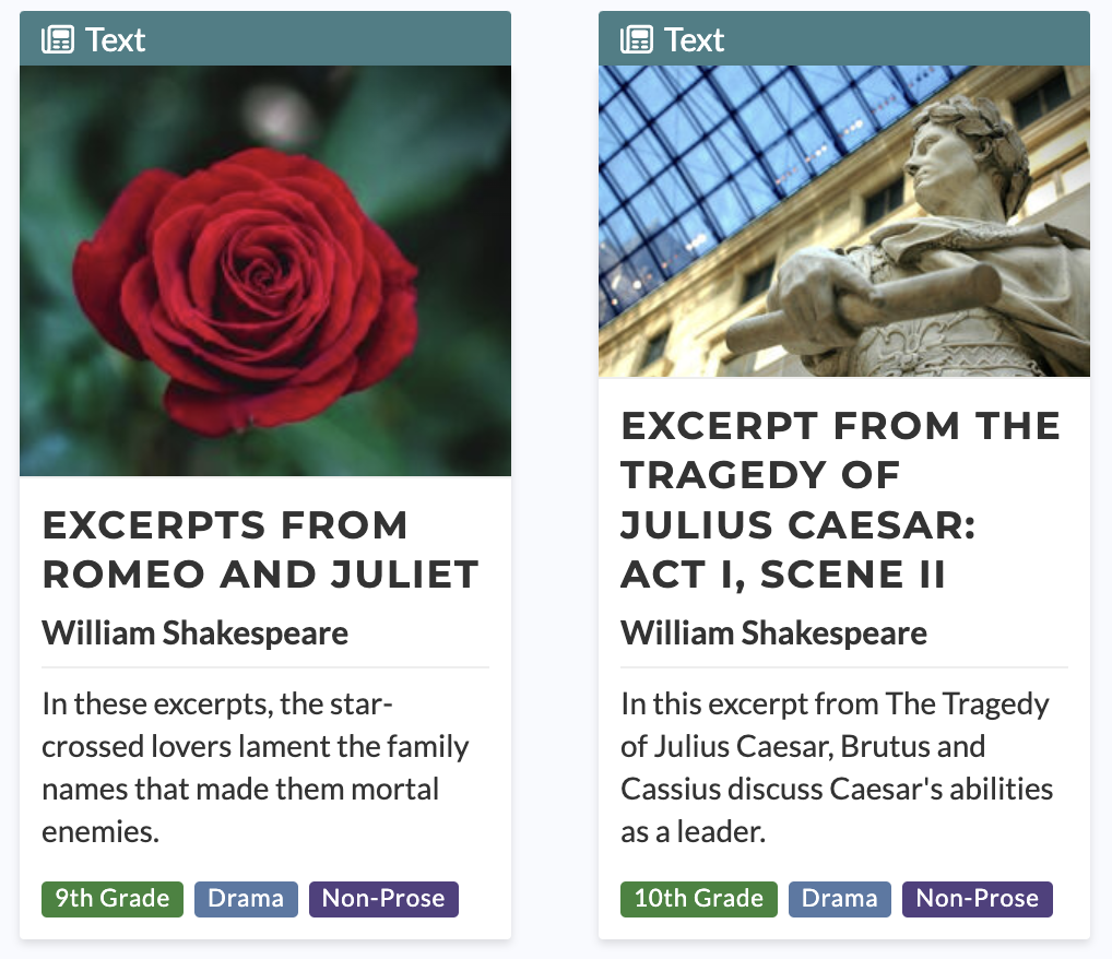 A screenshot of lessons from two Shakespeare plays.