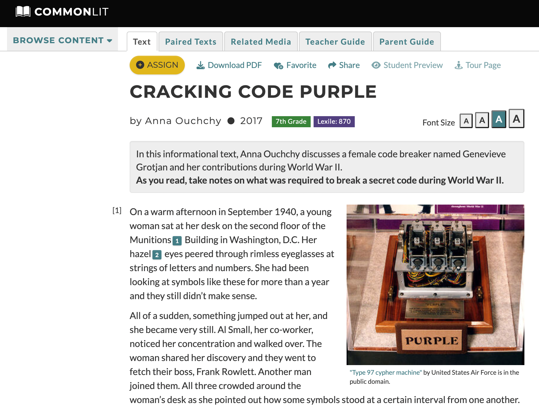 Screenshot of the lesson page for "Cracking Code Purple" 