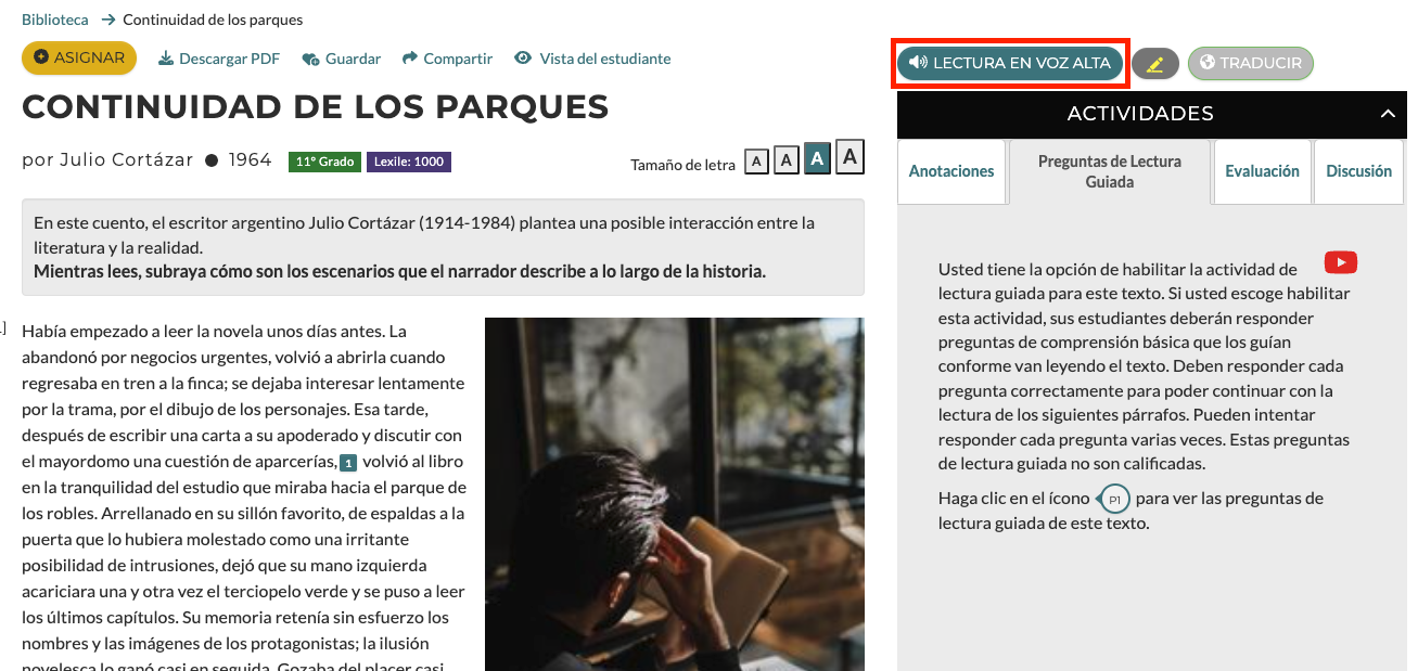 The CommonLit Español lesson "Continuidad de los parques" with the "Lectura en voz alta" button boxed in red.