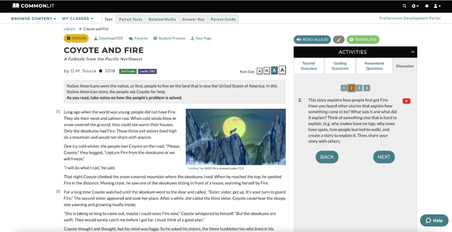 CommonLit Reading Lesson "Coyote and Fire: A Folktale from the Pacific Northwest" by D.M. Souza