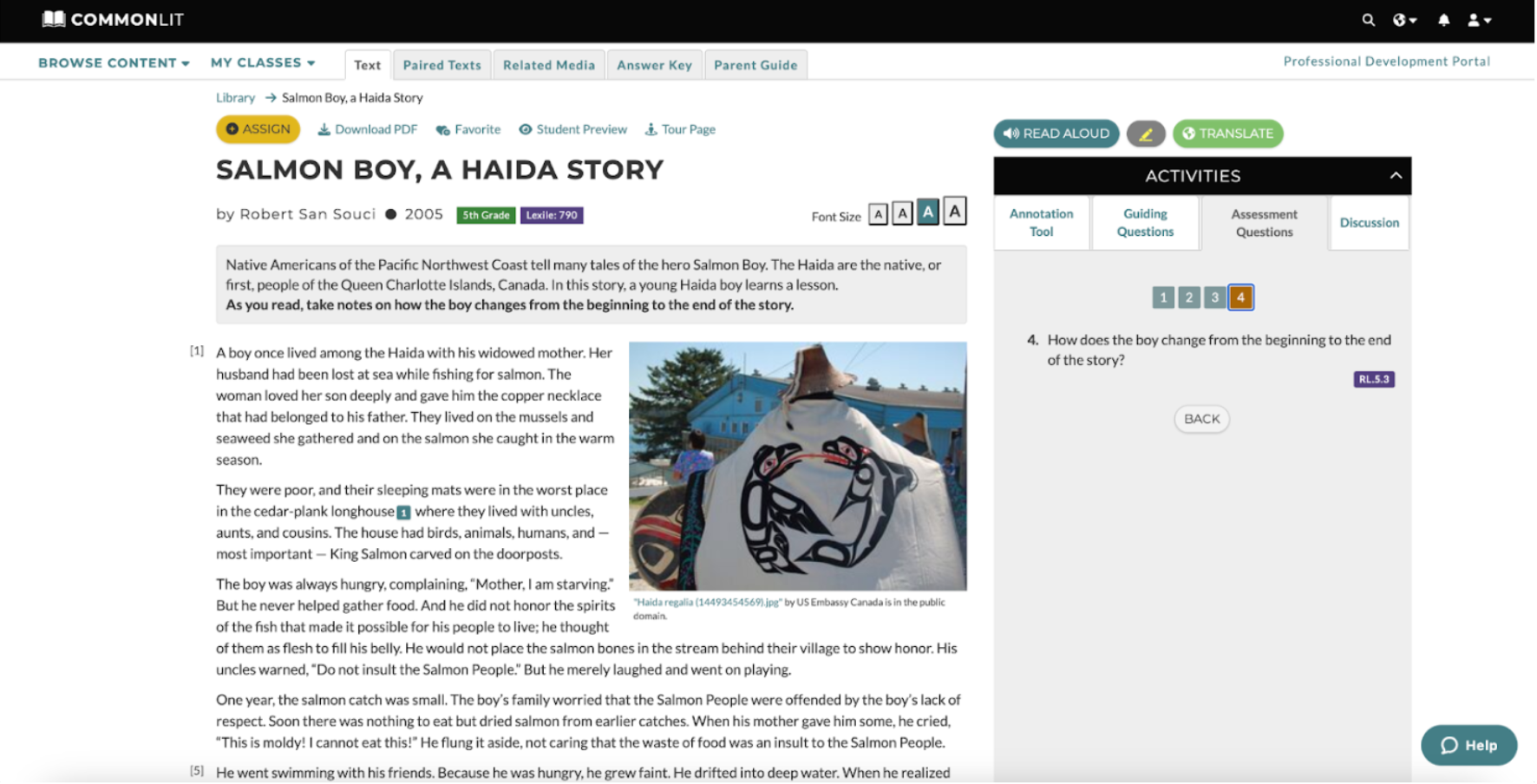 CommonLit Reading Lesson "Salmon Boy, A Haida Story" by Robert San Souci