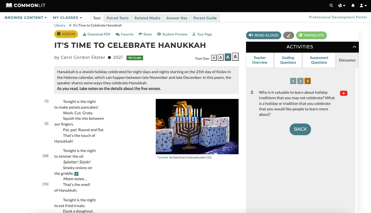 A screenshot of the lesson for "It's Time to Celebrate Hanukkah."