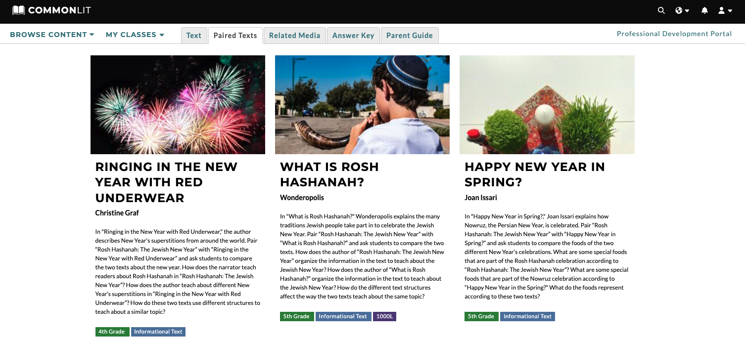 A screenshot of the Paired Text tab for "Rosh Hashanah: The Jewish New Year."