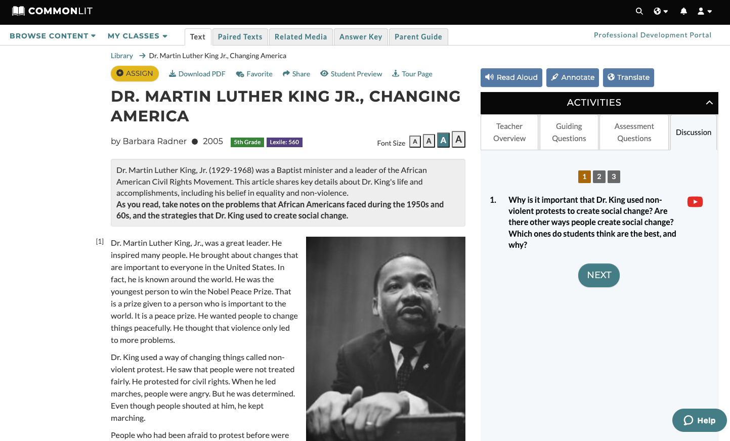 A screen shot of the discussion question for "Dr. Martin Luther King Jr., Changing America."