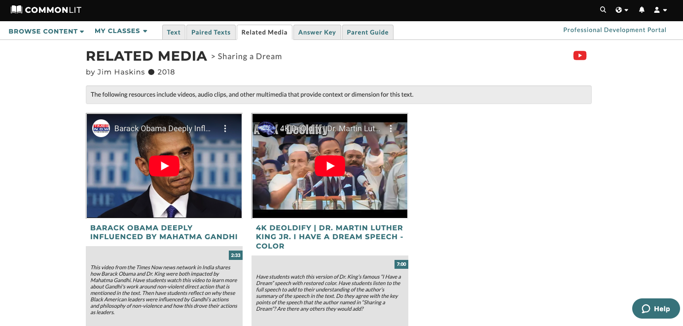 A screenshot of the Related Media page for the lesson "Sharing a Dream."
