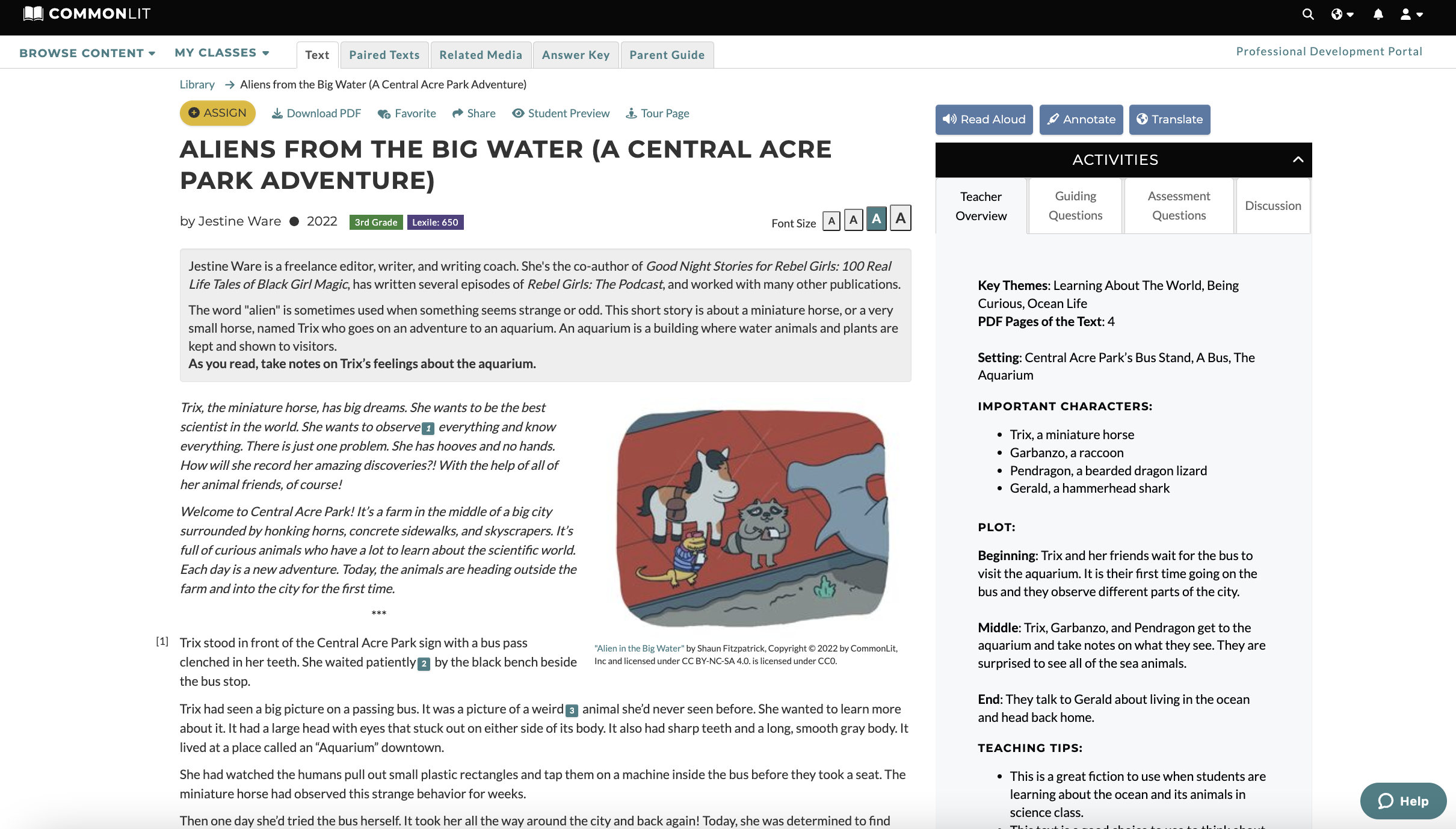 Screenshot of "Aliens from the Big Water" text on CommonLit