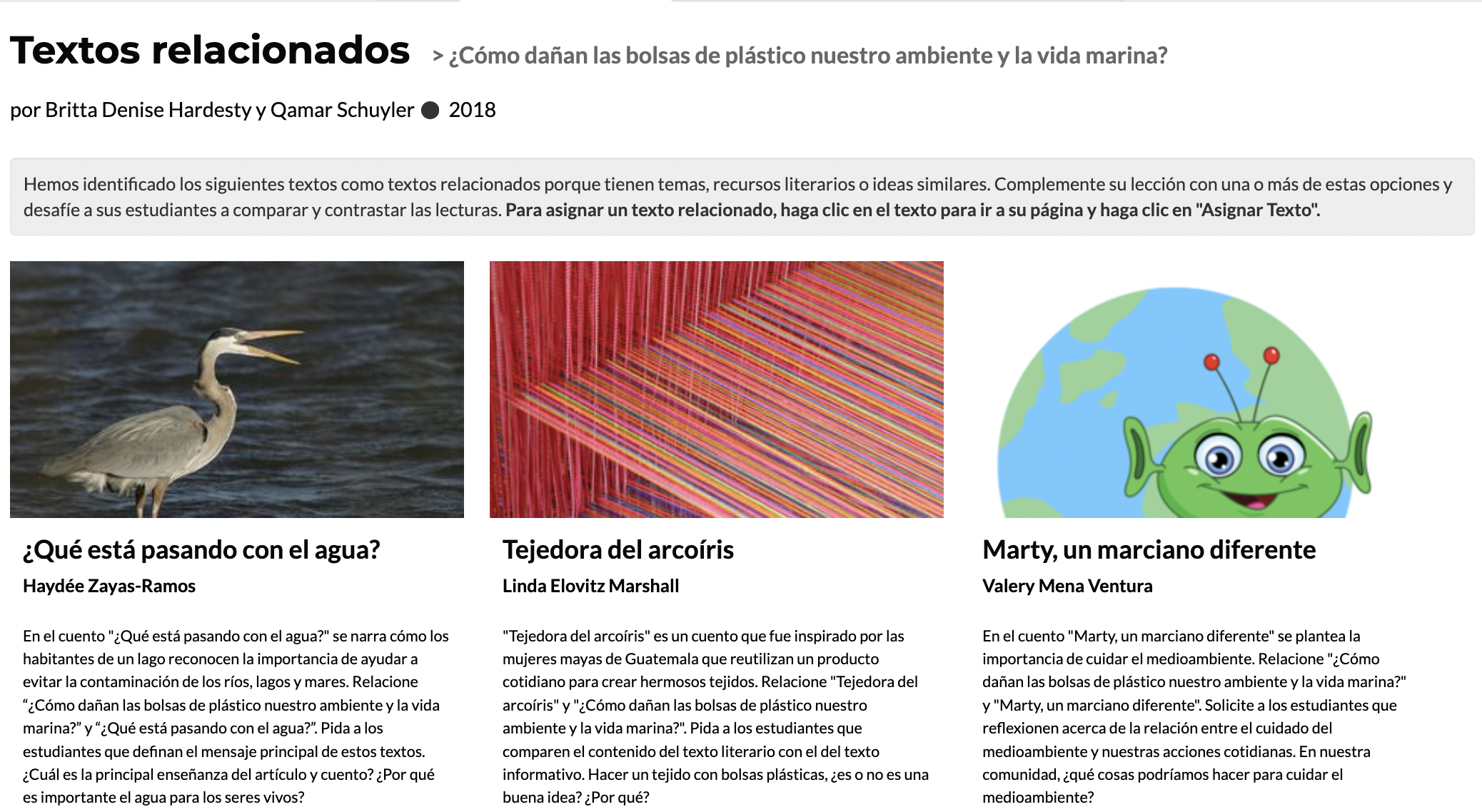 Página de Textos relacionados del texto "¿Cómo dañan las bolsas de plástico nuestro ambiente y la vida marina?" en la plataforma CommonLit