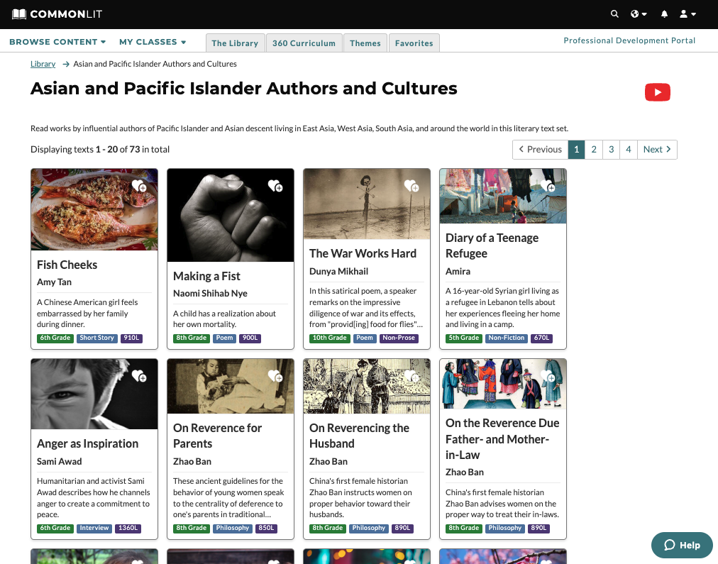 CommonLit's text sets show windows and mirrors for students. For example, this text set highlights Asian and Pacific Islander Authors and Cultures on CommonLit. 