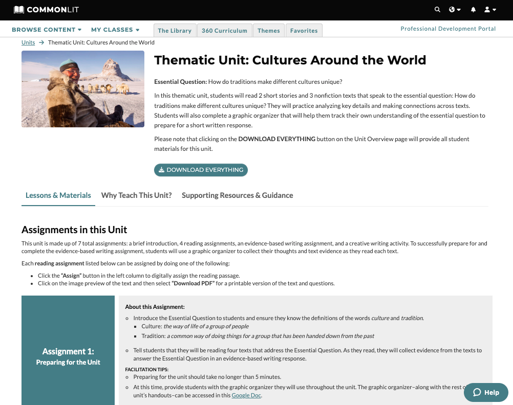 This thematic unit on cultures around the world allows students to delve into the culture of the Inuit people in the Arctic, the Urco Mirano people in the Amazon, the Tuareg people in the Sahara Desert, a Muslim family celebrating Girgian, and a Russian boy celebrating Yom Kippur in America. These texts provide windows and mirrors to students.