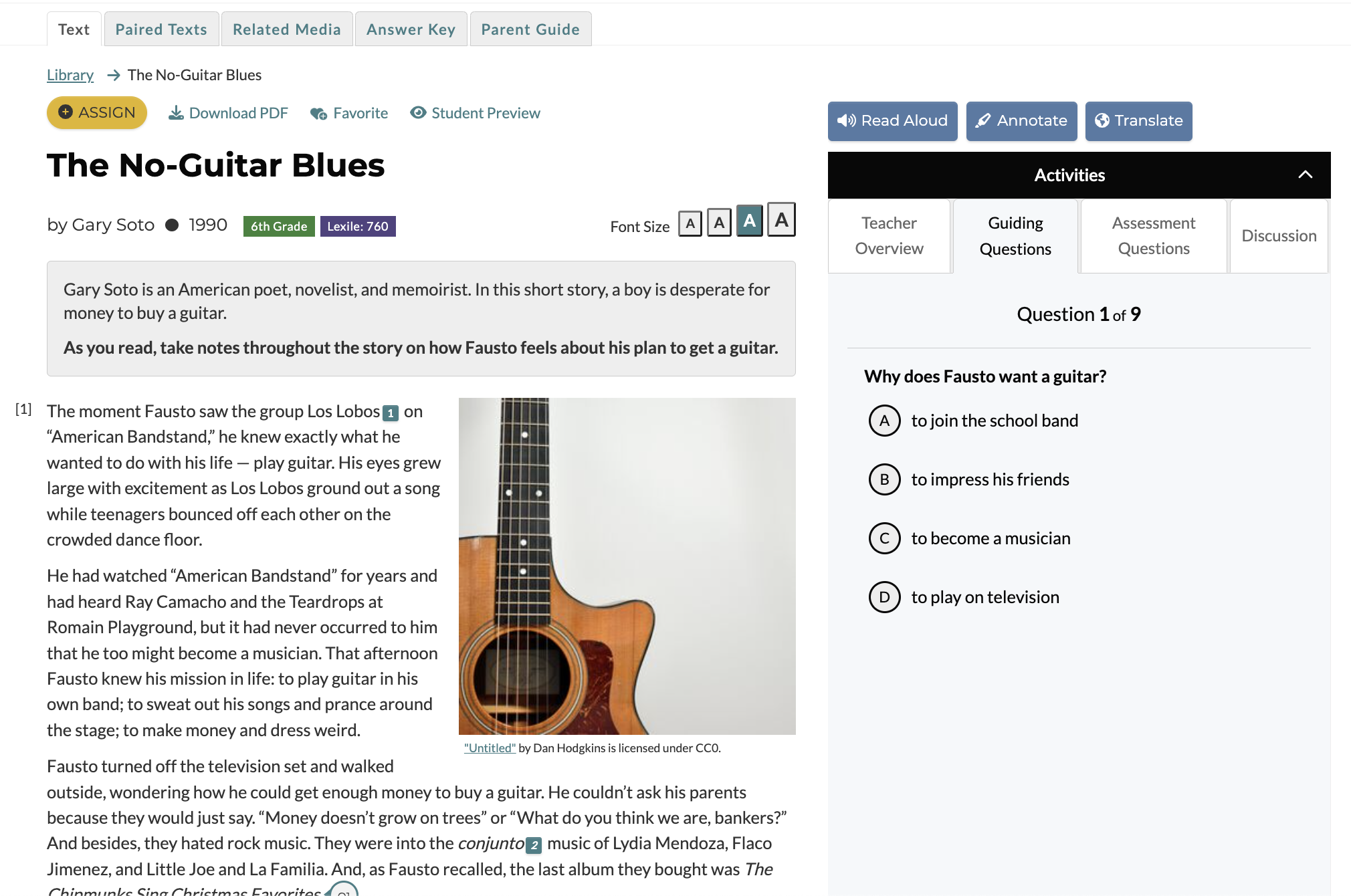 CommonLit Reading Lesson "The No-Guitar Blues" by Gary Soto. On the right side there is a guiding question for students to answer.