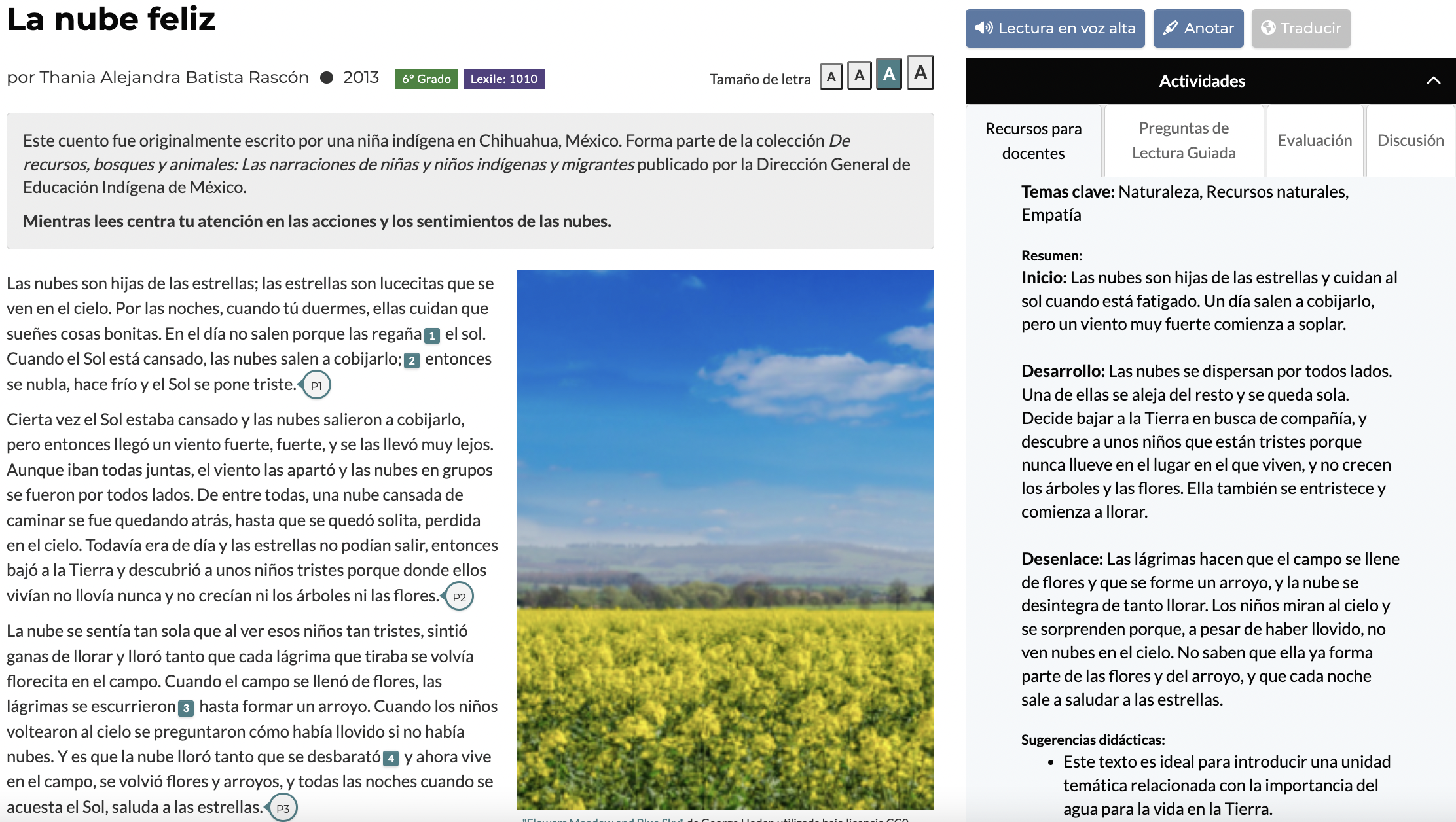 Vista de la página del texto en la plataforma CommonLit, mostrando los Recursos para docentes