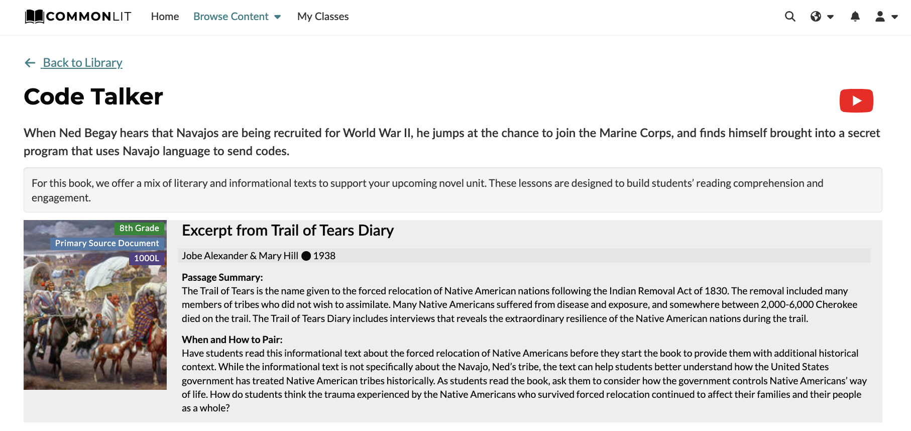 Screenshot of the Book Pairing page for Code Talker