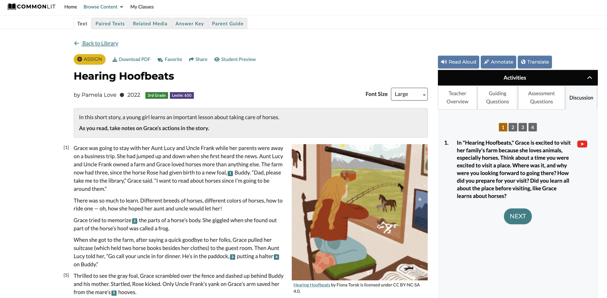 Screenshot of the story "Hearing Hoofbeats." This is an Elementary, CommonLit Original story. On the right side there is a discussion question which is there to guide elementary students as they read.