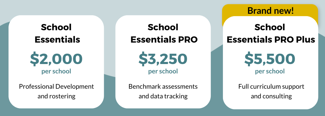 Pricing visuals for paid packages with School Essentials PRO Plus highlighted.