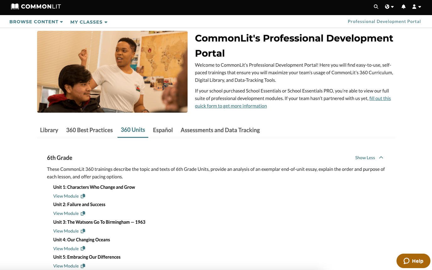 CommonLit's Professional Development Portal screenshot.
