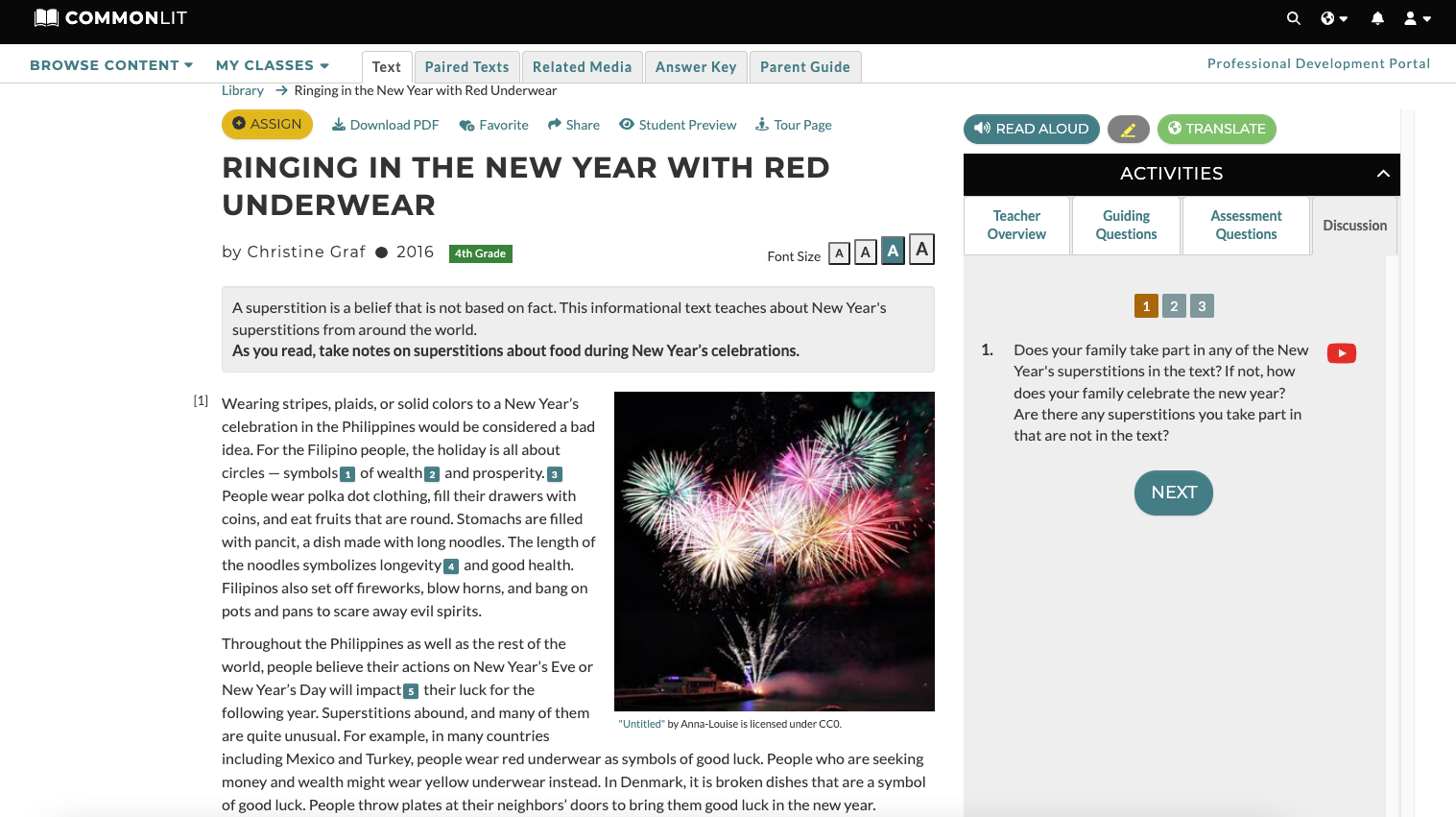 A screenshot of the lesson for "Ringing in the New Year with Red Underwear."