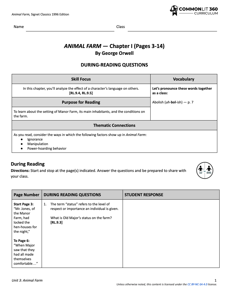 This is a screenshot of our chapter guide for Animal Farm, which includes skills focus, vocabulary, purpose for reading, thematic connections, and during reading questions with space for student responses.