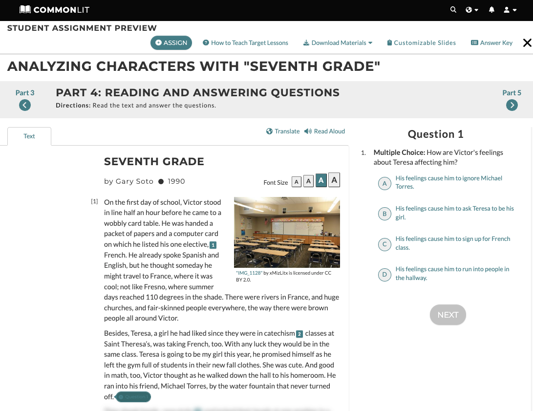 A screenshot of the Target Lesson for "Analyzing Character Change with 'Seventh Grade.'"