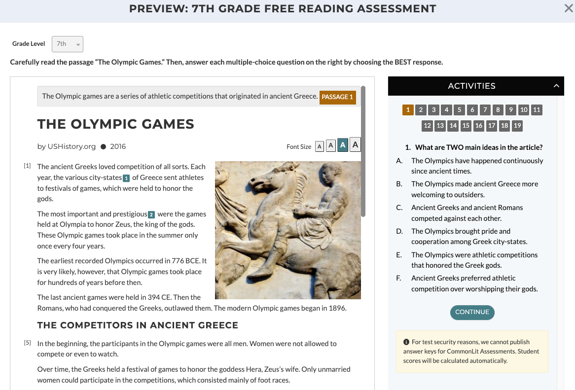 During standardized test prep, teachers can assign our free or premium reading assessment to mimic high-stakes testing for students.