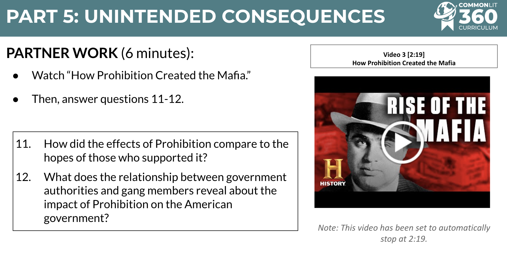 A screenshot of the Related Media Exploration, including questions about a video on how prohibition created the mafia.