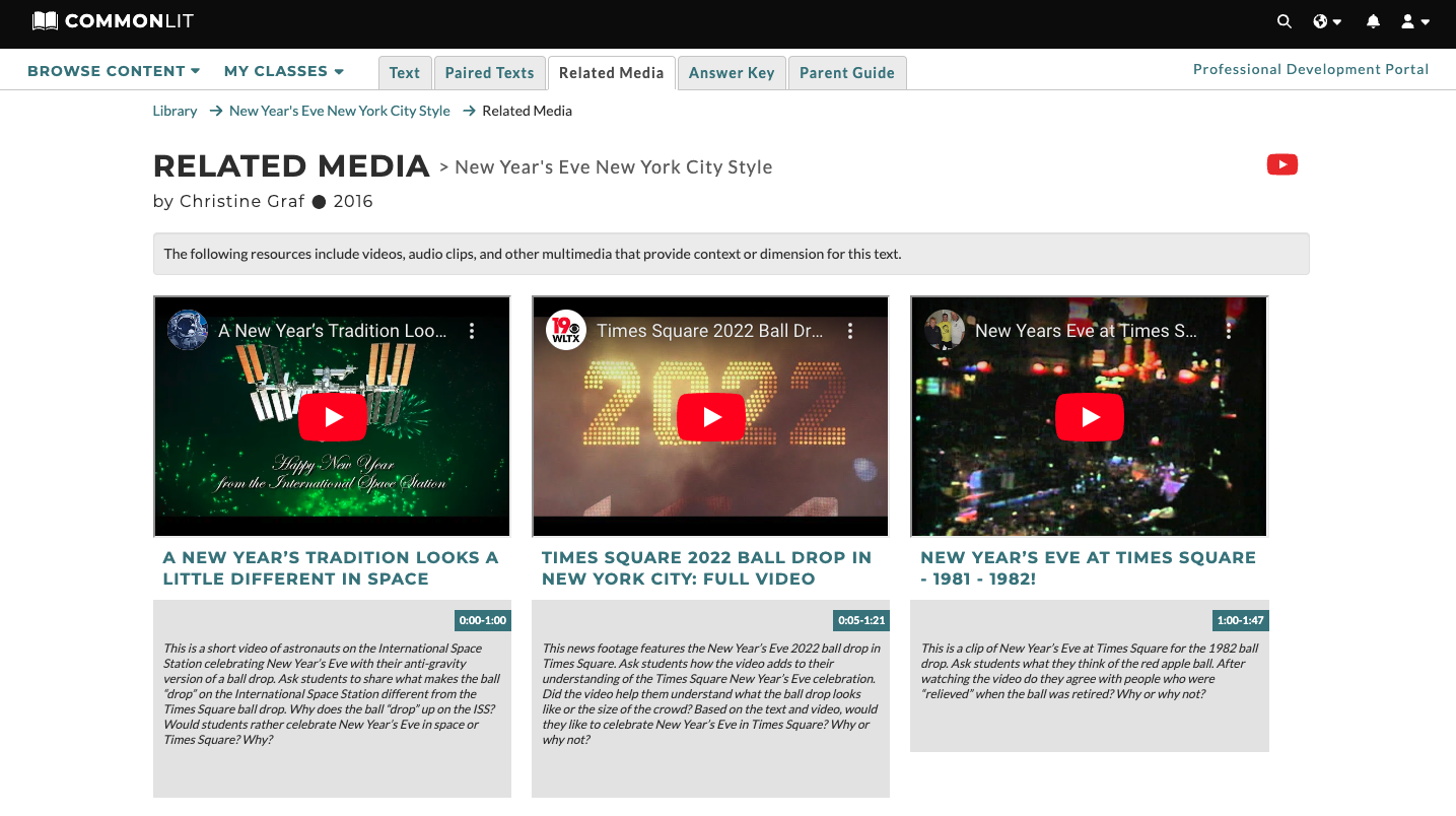 A screenshot of the Related Media tab for the lesson "New Year's Eve New York City Style."